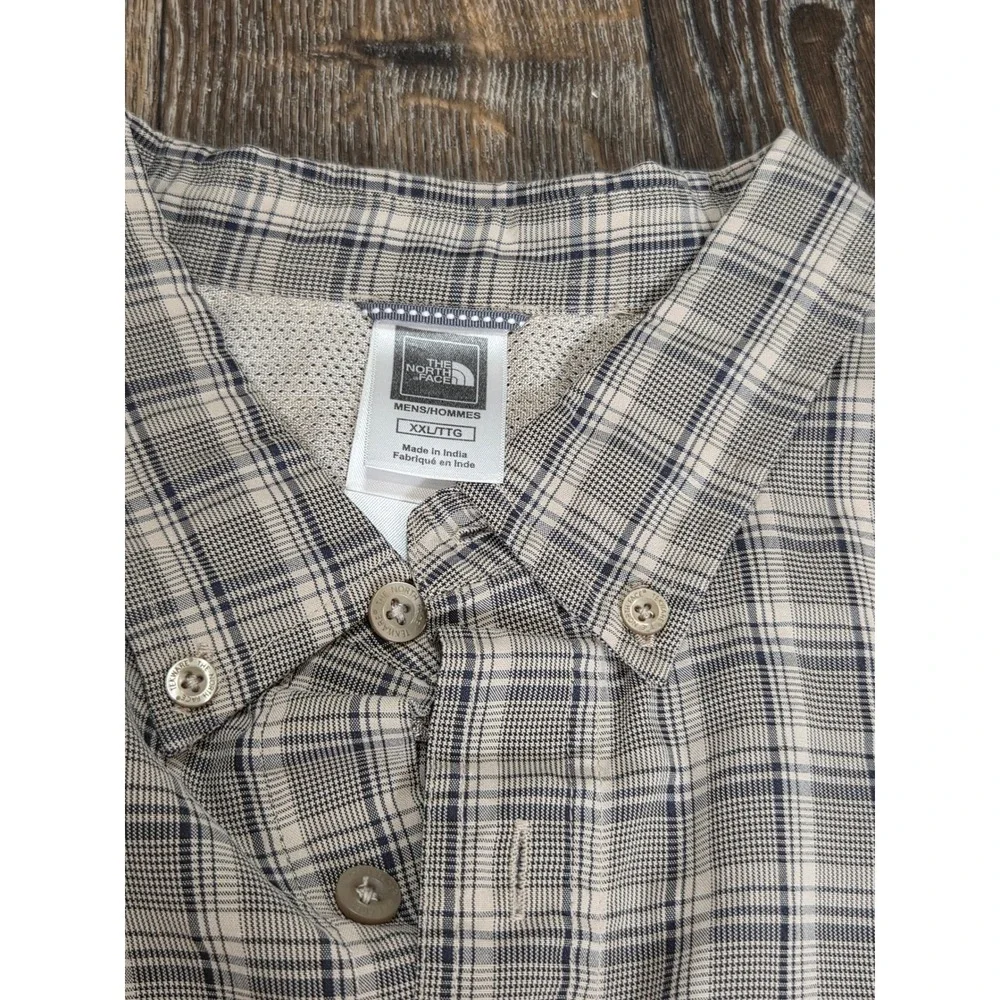 The North Face Mens XXL Tekware Plaid Long Sleeve Hiking Shirt Tan Blue Button